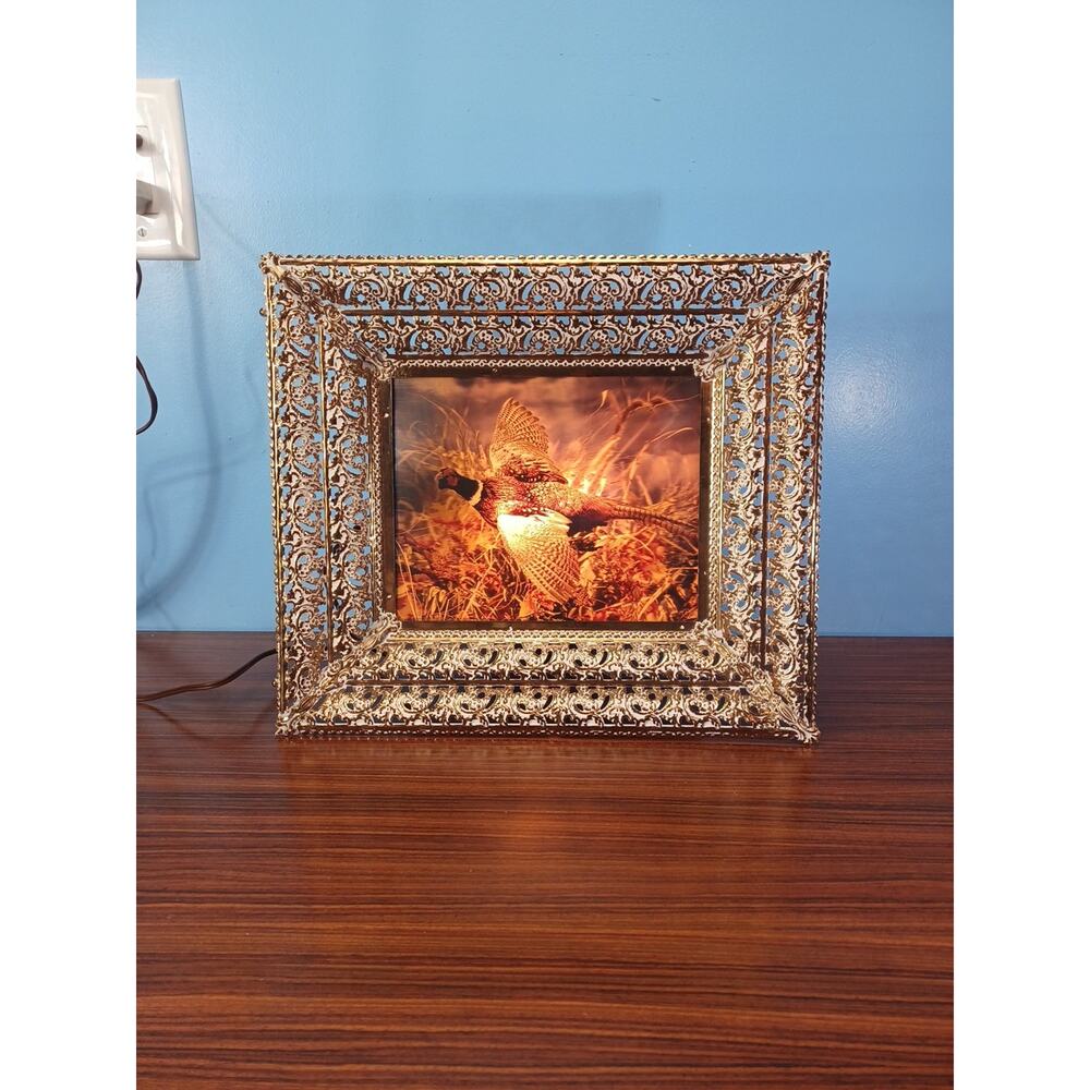 Vintage Lighted 3D Picture Pheasant Wall Art Metal Frame Light Up Unique Fields